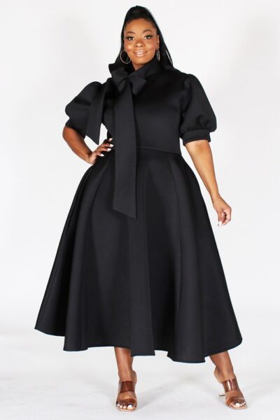 "Miss Integrity" Plus Short Bubble Sleeve, Neck Bow Fit And Flair Midi Dress With Pockets And Back Zipper