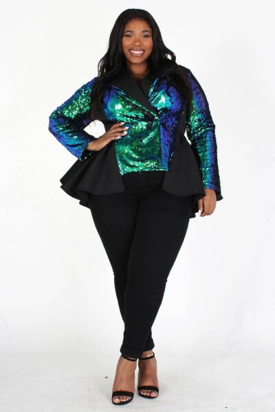 "Lady Vi" V NECK WIDE COLLAR LONG SLEEVE SEQUIN DETAIL PEPLUM JACKET WITH 2 BUTTON CLOSURE