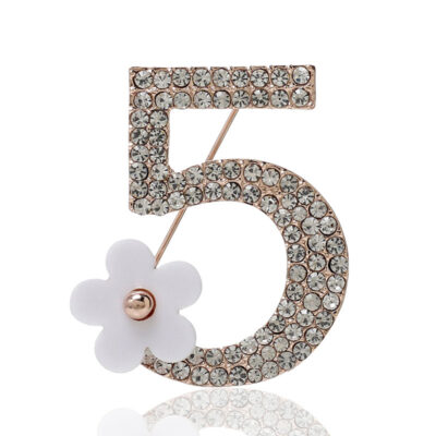 Gold With White Flower Number 5 Brooch Pin