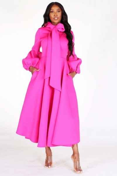 "Miss London" (Petite) Bubble Sleeve, Bow Neck Peplum Dress