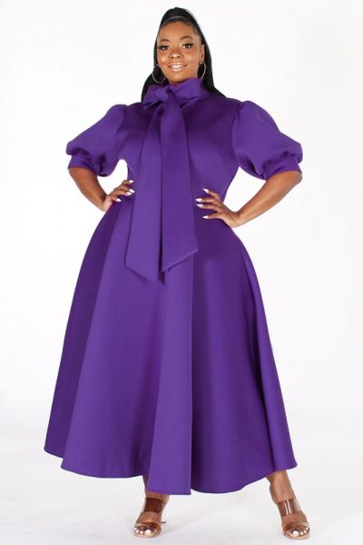 "Lady Passion" PURPLE SHORT BUBBLE SLEEVE, NECK BOW, FIT AND FLAIR MIDI DRESS