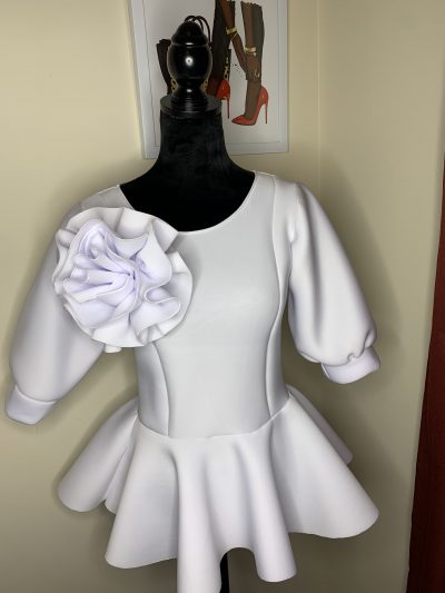 "Lady Tamera" Puff Short Sleeve Peplum Flower Bow Blouse