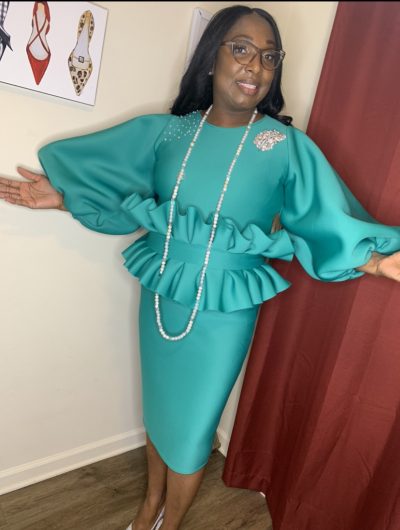 "Something Classy" Circle Dress With Bishop Sleeves, Rhinestones on shoulder, & Pleated Detachable Belt