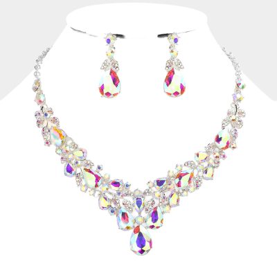 Silver Multi Stone Embellished Leaf Cluster Necklace