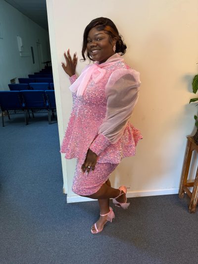 "Pretty In Pink" Sequin Peplum Skirt & Blouse with Organza Sleeves